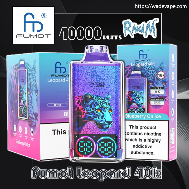 Shiny purple Fumot Leopard 40K disposable vape with glitter finish and a blue leopard face, centred between two matching product boxes that advertise 40,000 puffs and 'Blueberry On Ice' flavour, showing a twin circular digital display on the device and a visible nicotine warning with an 18+ symbol.