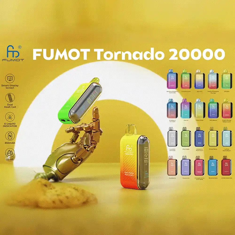 Bright yellow advertisement for the FUMOT Tornado 20000 showing a gold robotic hand holding a green-yellow pod, a yellow-orange pod standing on a surface, and a grid of colourful pod variant images with brand text and a white arch background