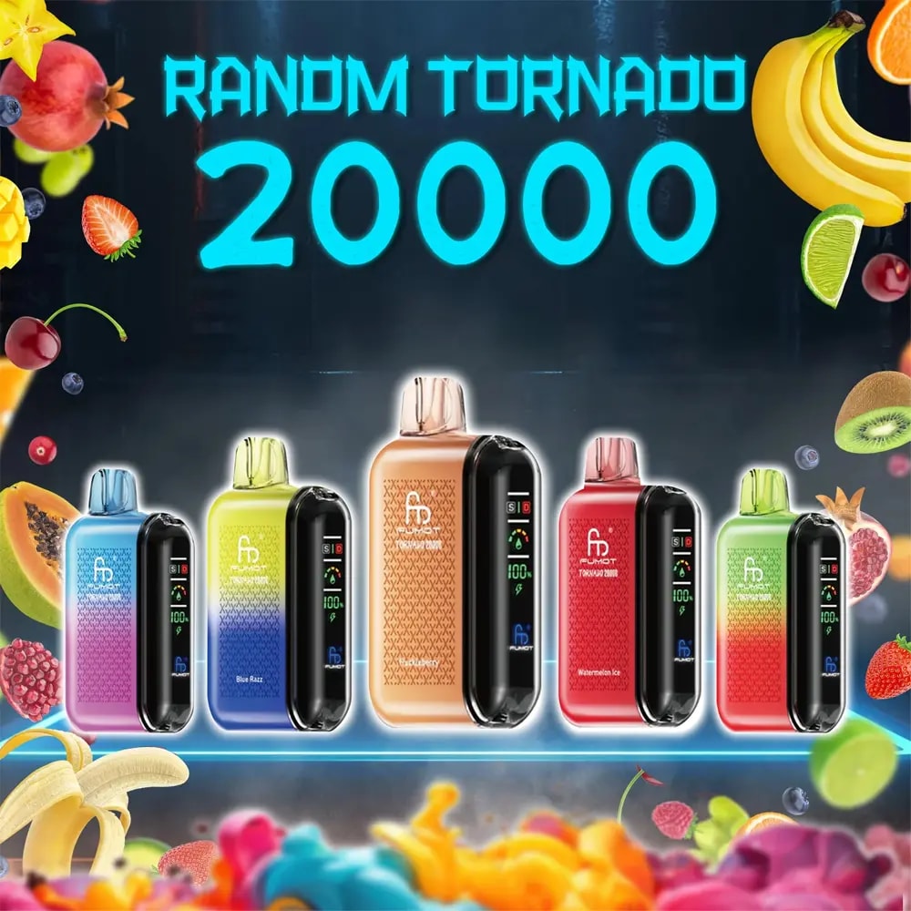 Row of six colourful Randm Tornado 20000 disposable vape devices with glossy gradient finishes and front digital displays, set against a dark background with neon 'RANDM TORNADO 20000' text and scattered fruit illustrations indicating flavours.