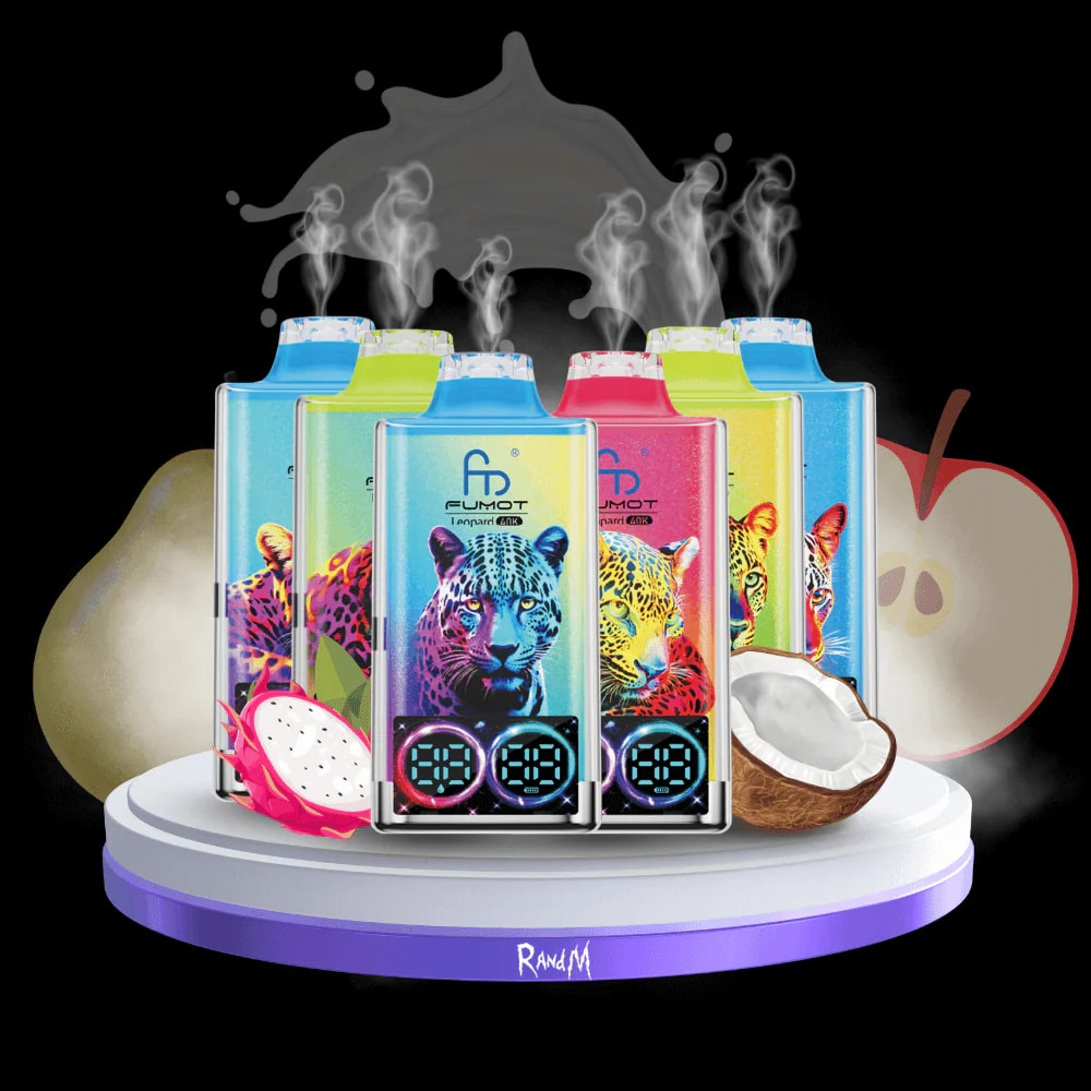 Six colourful rectangular vape devices with neon leopard artwork and small digital displays standing on a round purple-edged pedestal, emitting wisps of vapour against a black background and surrounded by fruit (dragon fruit, coconut and apple) suggesting flavours.