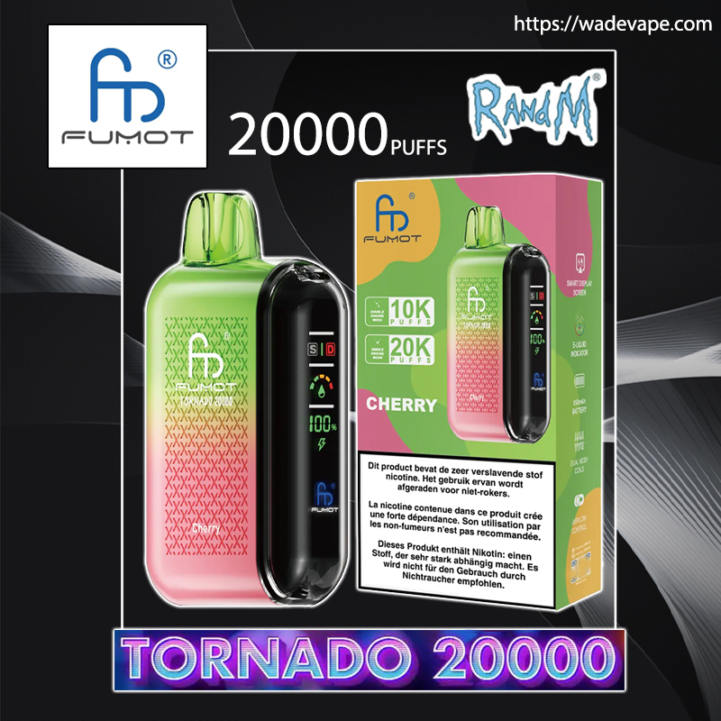 Green-to-pink gradient Fumot Tornado 20000 disposable vape and its box labeled 20,000 puffs and Cherry flavour, showing a black side digital display and branding against a dark background.