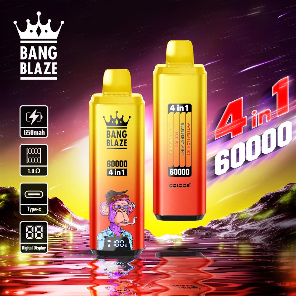 Two metallic gold-to-orange disposable vape devices branded BANG BLAZE, one with a cartoon smoking ape sticker and a small digital display, surrounded by icons indicating 650mAh, 1.0Ω and Type‑C, set against a purple‑pink cosmic landscape reflected in rippled water with large “4 in 1 60000” text.