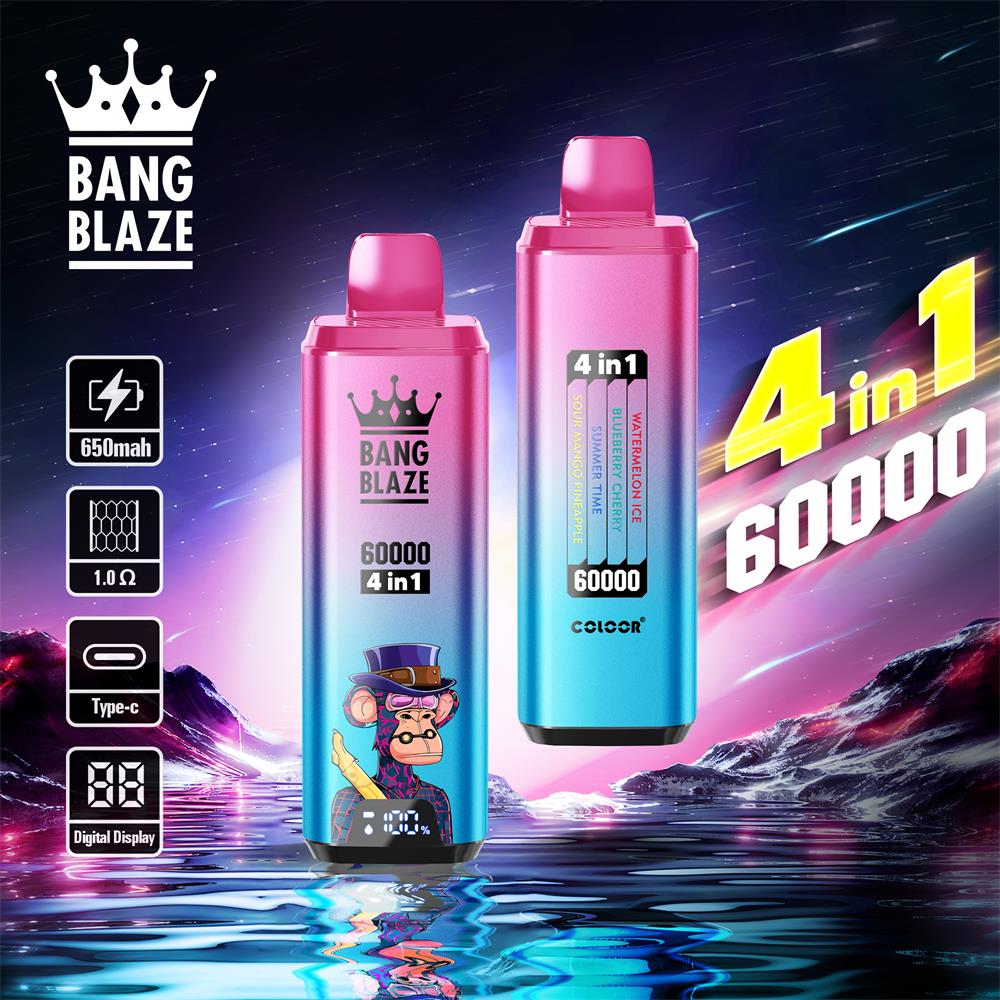 Two gradient pink-and-blue Bang Blaze disposable vapes side by side — one with a crown logo, '60000 4 in 1' text and a cartoon monkey sticker, the other showing a 4‑in‑1 flavour bar and icons for 650 mAh, 1.0 Ω, Type‑C and digital display against a neon cosmic water and mountain background.
