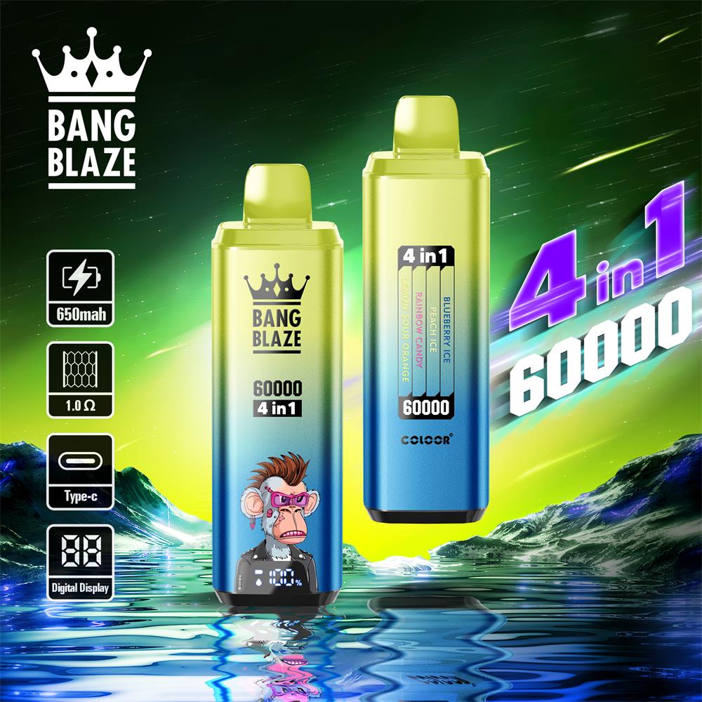 Two gradient green-to-blue Bang Blaze 4-in-1 disposable vape devices marked 60000 with a crown logo and a cartoon monkey, set against a neon green cosmic background with water reflection and icons showing 650mAh, 1.0Ω, Type-C and a digital display.