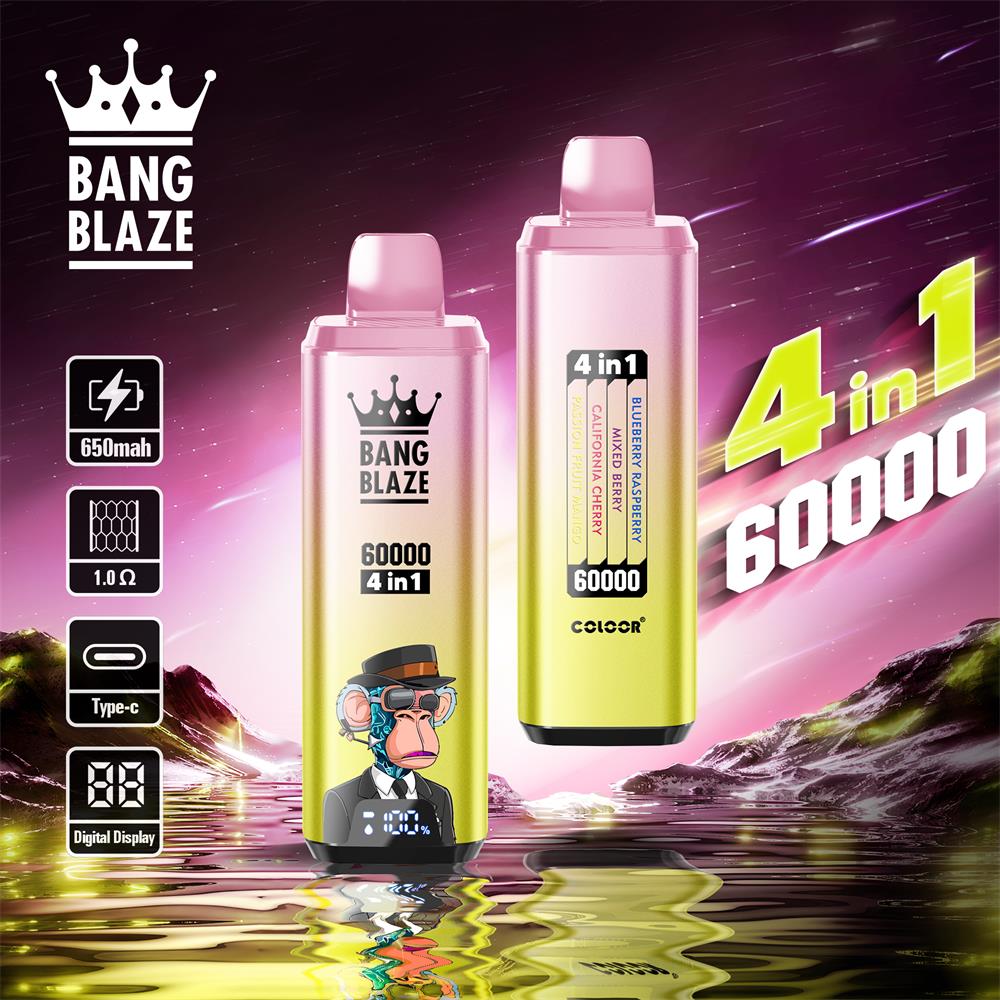 Two pink-to-yellow gradient Bang Blaze disposable vape devices marked '60000 4 in 1'—one displaying a cartoon ape wearing a hat and goggles and a small digital screen, the other showing flavour stripes—accompanied by icons for 650mAh, 1.0Ω, Type‑C and digital display, set against a purple starry sky and reflective water with large '4 in 1 60000' text.