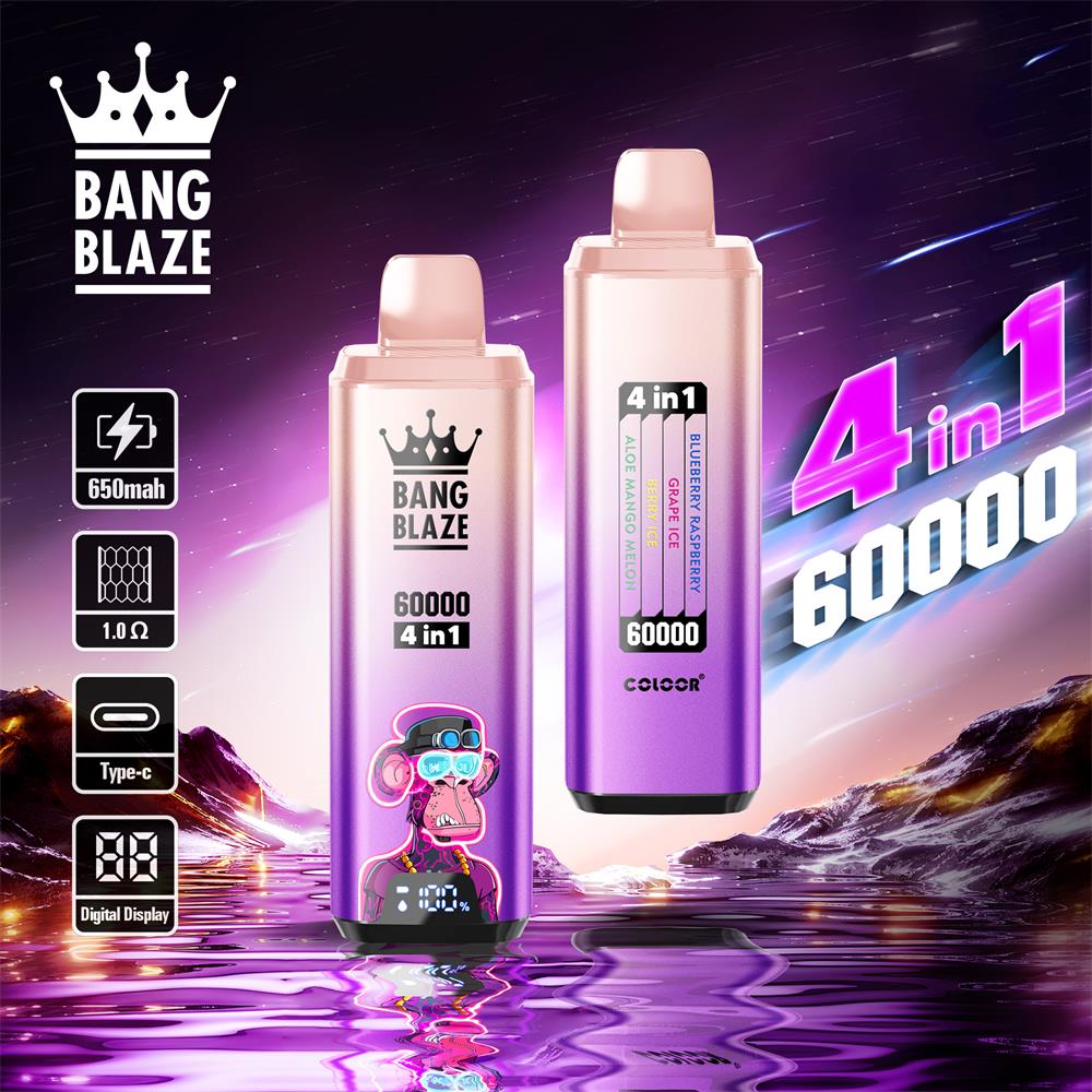Two metallic pink‑purple Bang Blaze disposable vape devices — front and rear view — labelled 60000 4‑in‑1 with a flavour strip, icons for 650mAh, 1.0Ω, Type‑C and digital display, a cartoon monkey decal and their reflection on purple water against a starry sci‑fi background.