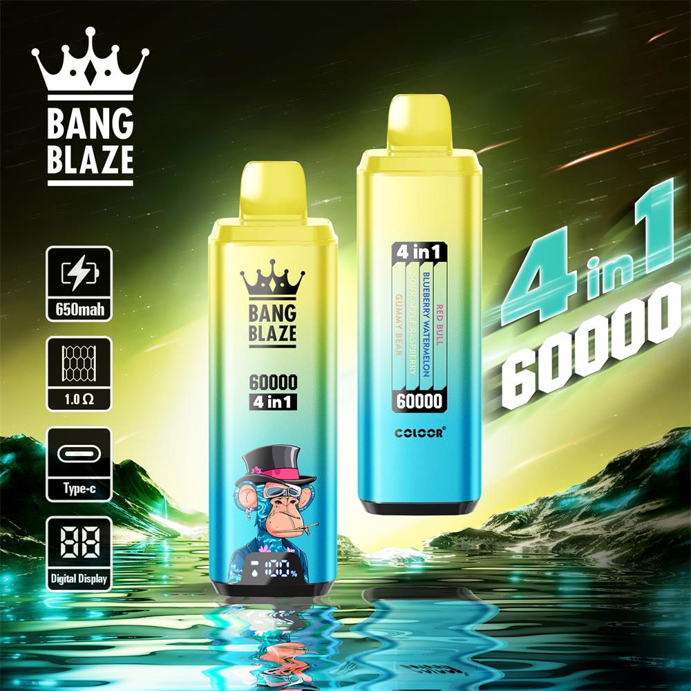 Two yellow-to-blue gradient Bang Blaze disposable vapes marked "60000 4 in 1", one showing flavour bars and a cartoon monkey in a top hat, standing on reflective water with neon green mountains and icons for 650mAh, 1.0Ω, Type-C and digital display