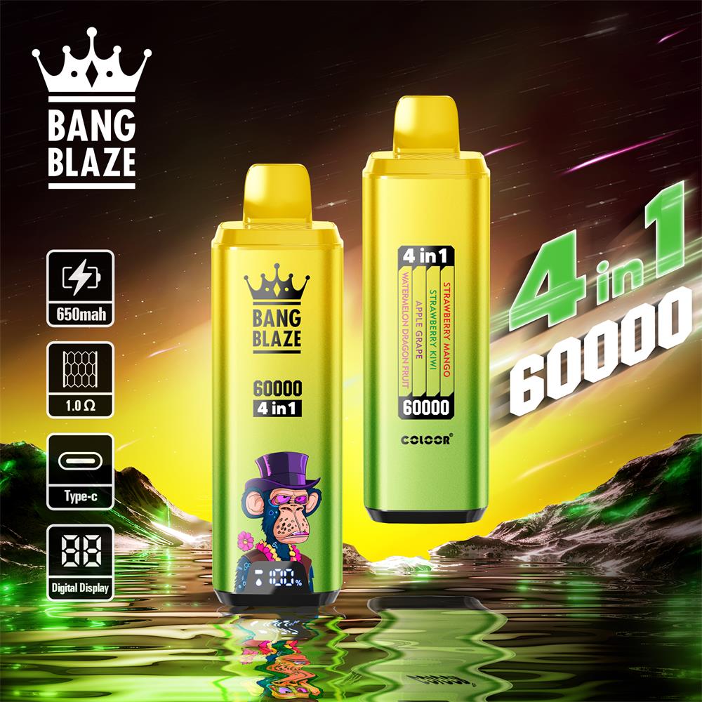 Front and rear views of two yellow‑green Bang Blaze 60000 4‑in‑1 disposable vapes showing a cartoon monkey graphic and a flavour strip listing four flavours, with a small digital display and side icons indicating 650mAh, 1.0Ω, Type‑C and digital display, set against a glowing sunset-style landscape reflected in rippled water.