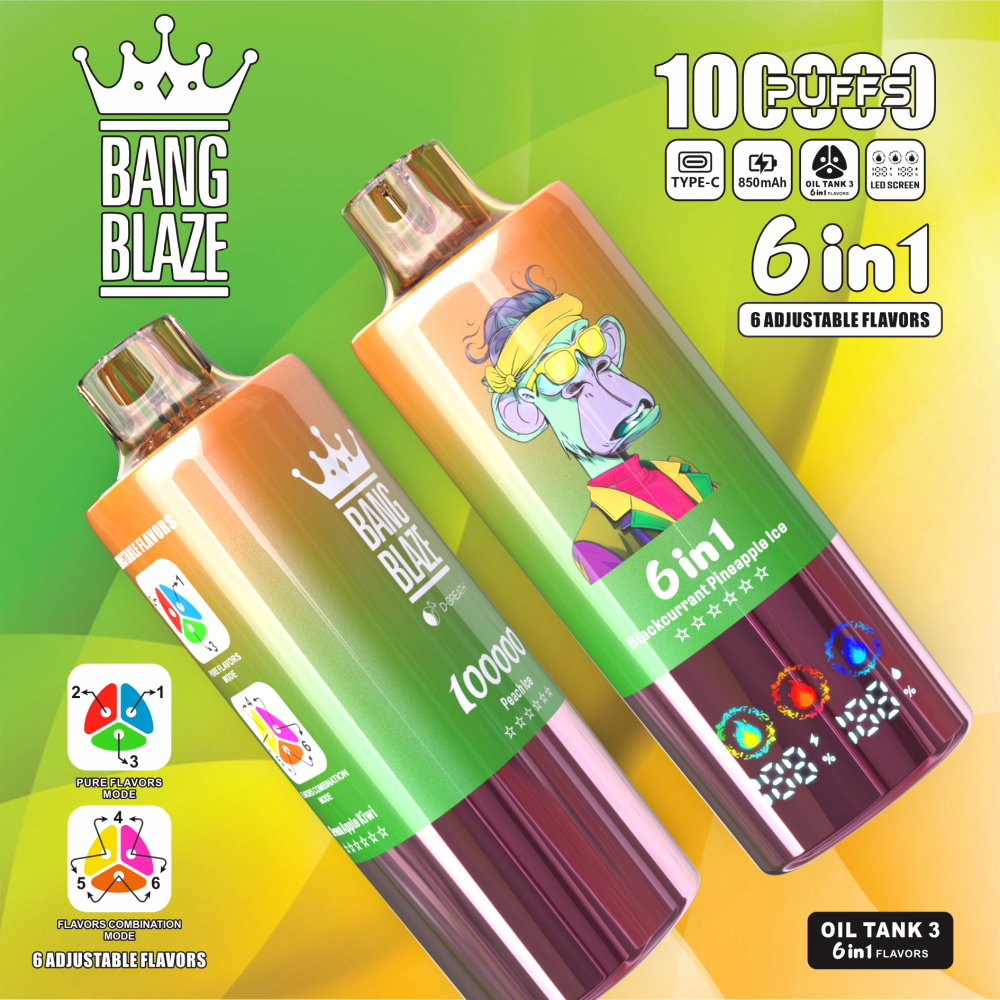 Two metallic gradient disposable vape devices tilted on a green-yellow background, branded Bang Blaze with a crown logo and a colourful cartoon ape wearing sunglasses, plus prominent labels reading 10,000 puffs and 6 in 1 with 6 adjustable flavours, flavour icons and 'Blackcurrant Pineapple Ice' text.