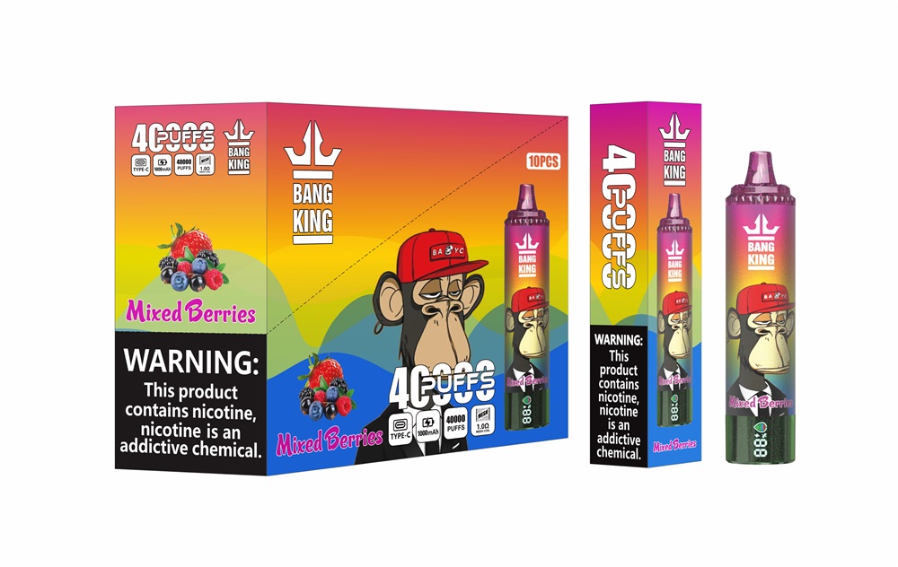 Packshot of Bang King 'Mixed Berries' disposable vape packaging on a white background, showing a colourful gradient 10‑piece box and matching single-device sleeve and pen featuring a cartoon monkey in a red cap, berry illustrations and a prominent black nicotine warning label.