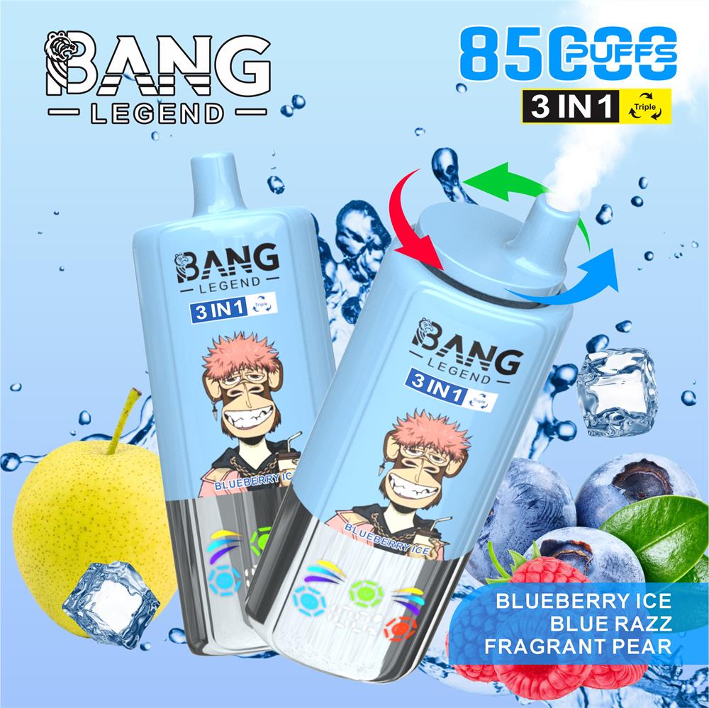 Two light-blue Bang Legend 3-in-1 disposable vape devices with a cartoon monkey logo and rotating mouthpiece, labelled 8500 puffs, shown with blueberries, raspberries, a pear and ice cubes indicating Blueberry Ice, Blue Razz and Fragrant Pear flavours.