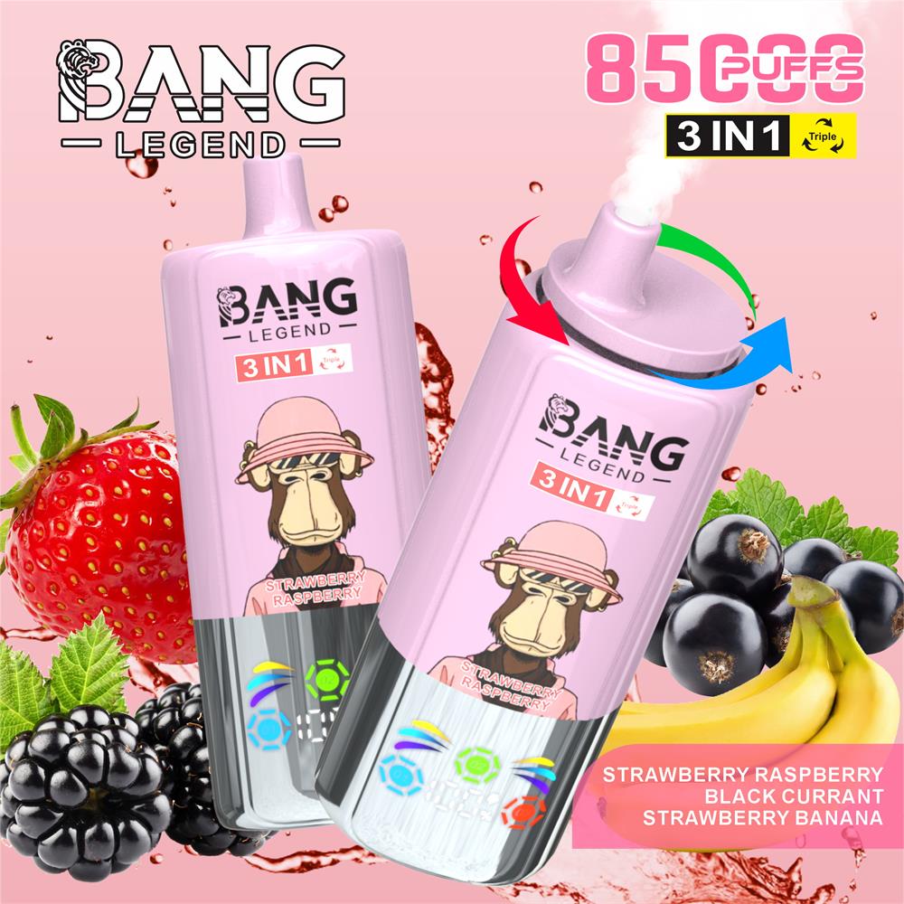 Two pink Bang Legend 3-in-1 disposable vape devices featuring a cartoon monkey in a pink hat—one emitting vapour with rotation arrows at the cap—surrounded by strawberries, blackberries, blackcurrants and bananas and labelled with flavours (strawberry, raspberry, black currant, strawberry banana) and a puff count.