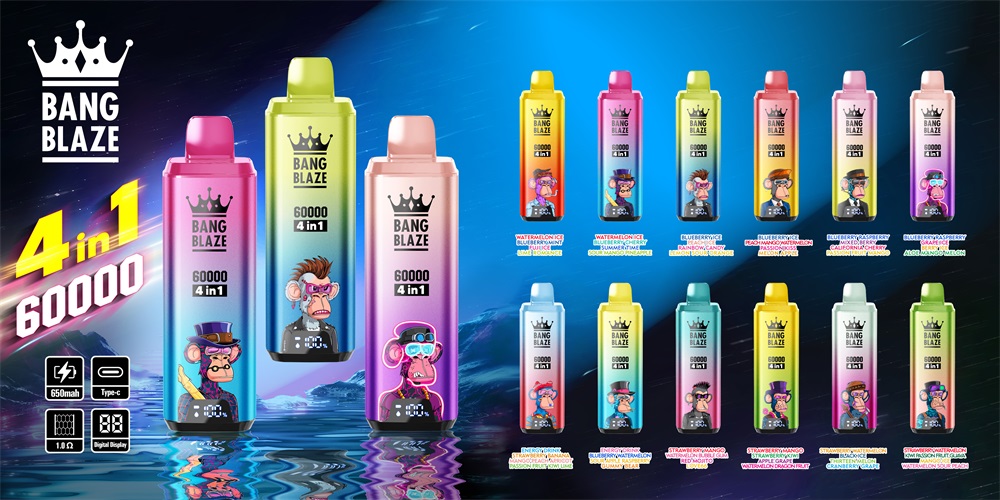 A colourful product display featuring multiple Bang Blaze 60,000-puff 4-in-1 disposable vape devices in gradient pastel colours each bearing a crown logo and cartoon monkey character, shown against a blue cosmic background with water reflections and small icons for 650mAh, Type-C charging, 1.0Ω and digital display.