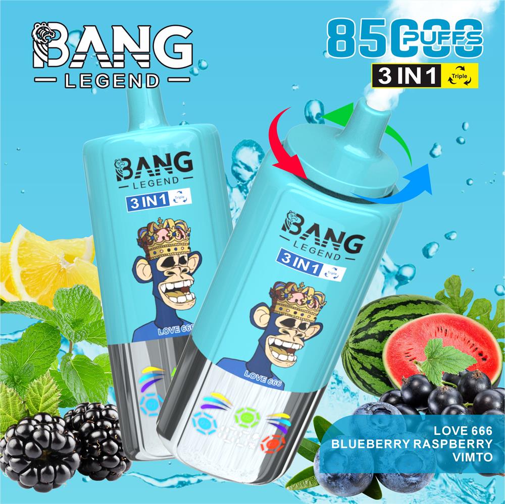 Two turquoise Bang Legend 3‑in‑1 disposable vape devices featuring a crowned monkey logo and 'Love 666' label, set on a watery blue background with blueberries, blackberries, watermelon, lemon and mint and an '85,000 puffs' badge