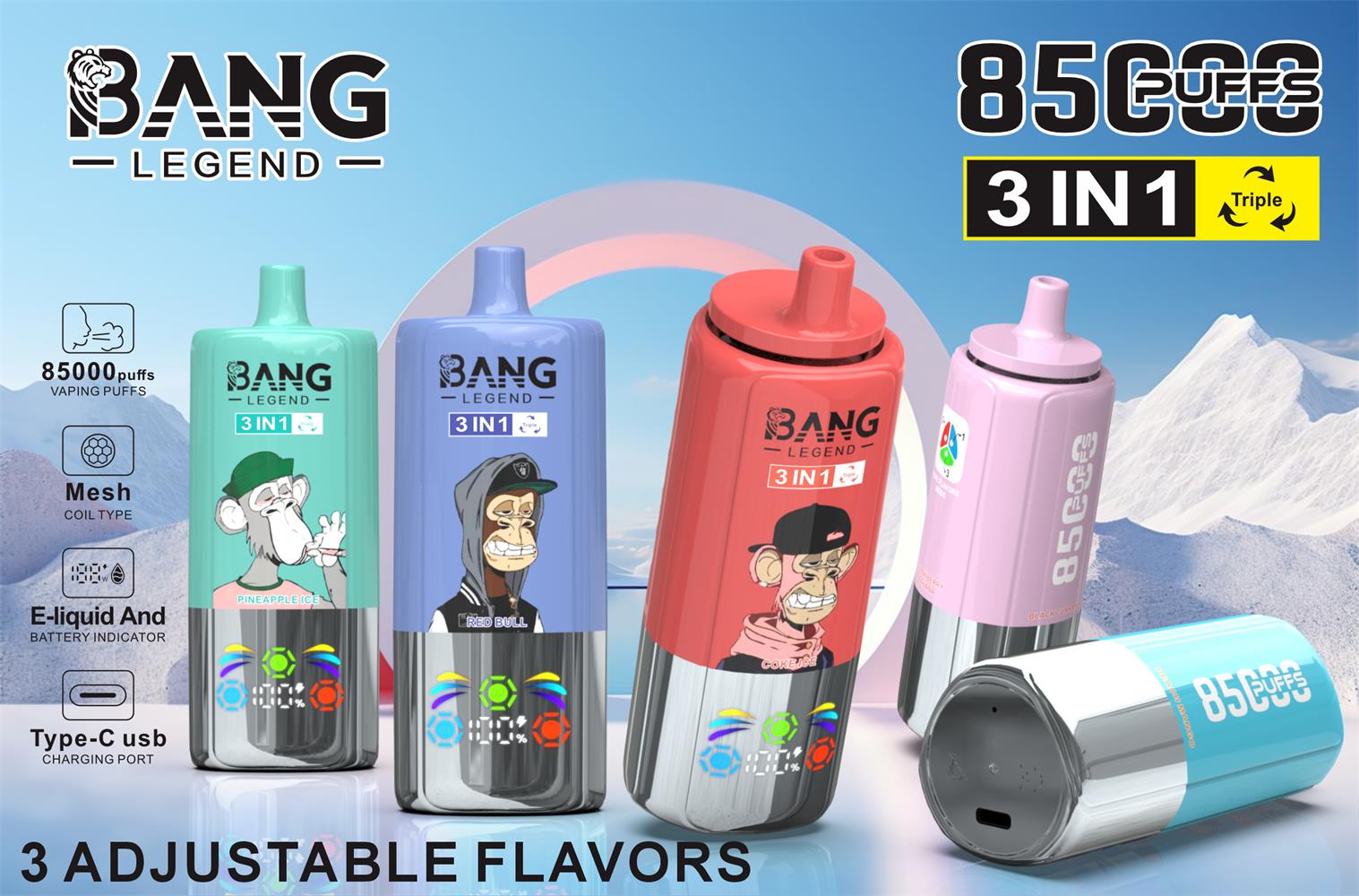 Five colourful Bang Legend disposable vape devices (mint green, light blue, red, pink and teal) with cartoon ape graphics and chrome bottoms, prominently labelled 85,000 puffs and 3‑in‑1, displayed against a snowy mountain sky backdrop with icons for mesh coil, e‑liquid/battery indicator, Type‑C charging and '3 adjustable flavors'.