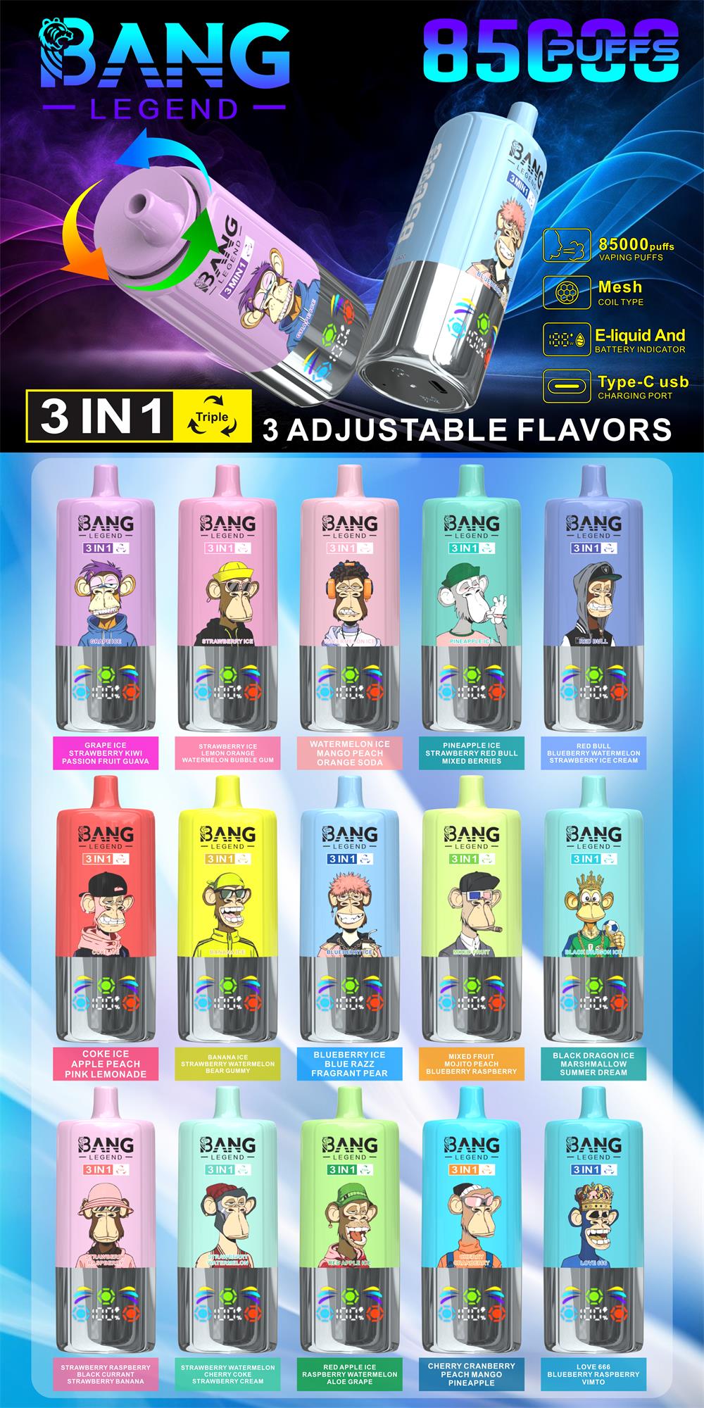 Promotional poster for BANG Legend disposable vapes featuring two large metallic cylinders and a grid of colourful pastel 3-in-1 flavour devices with cartoon monkey characters, highlighting 85,000 puffs, three adjustable flavours, mesh coil, e-liquid and battery indicators, and Type-C USB charging.