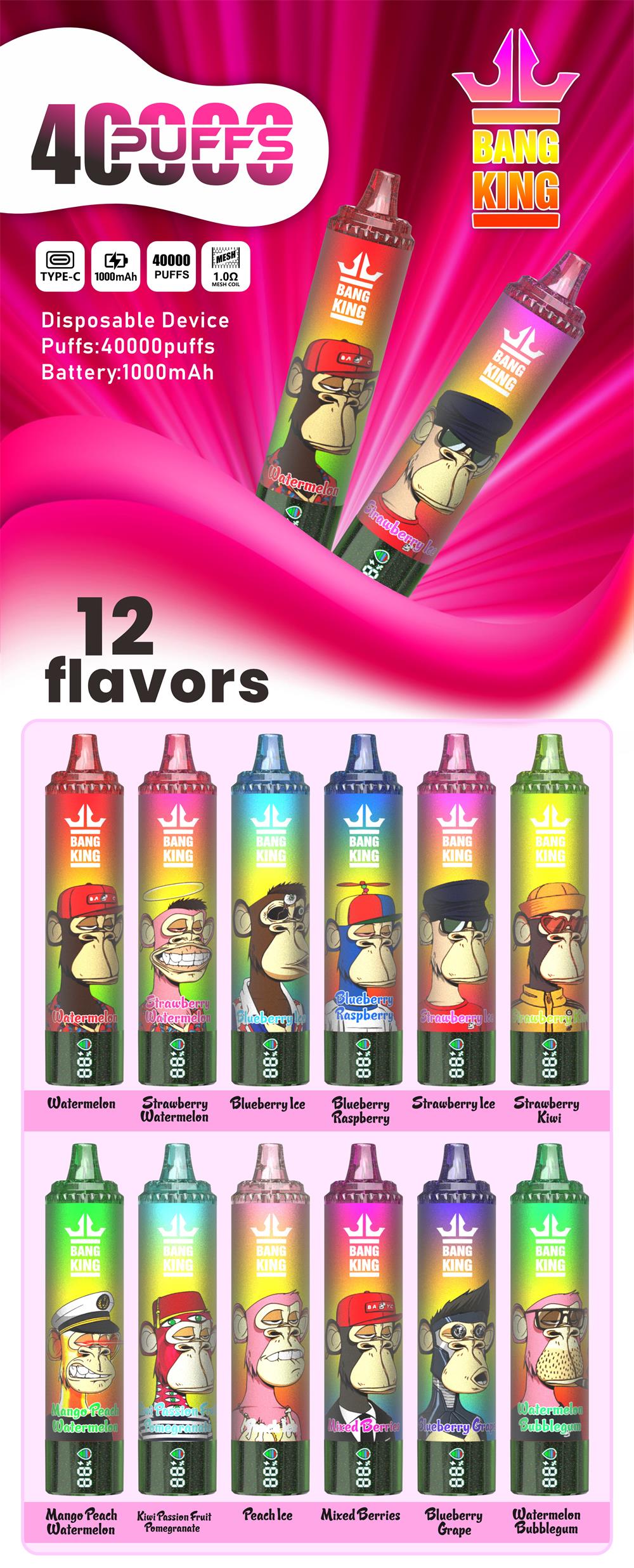 Colourful promotional poster for Bang King disposable vapes promising 40,000 puffs and a 1000mAh battery, showing two large gradient devices with ape graphics, icons for Type‑C and 1.0Ω mesh, and a grid of 12 flavour designs labelled with names on a pink radiating background.