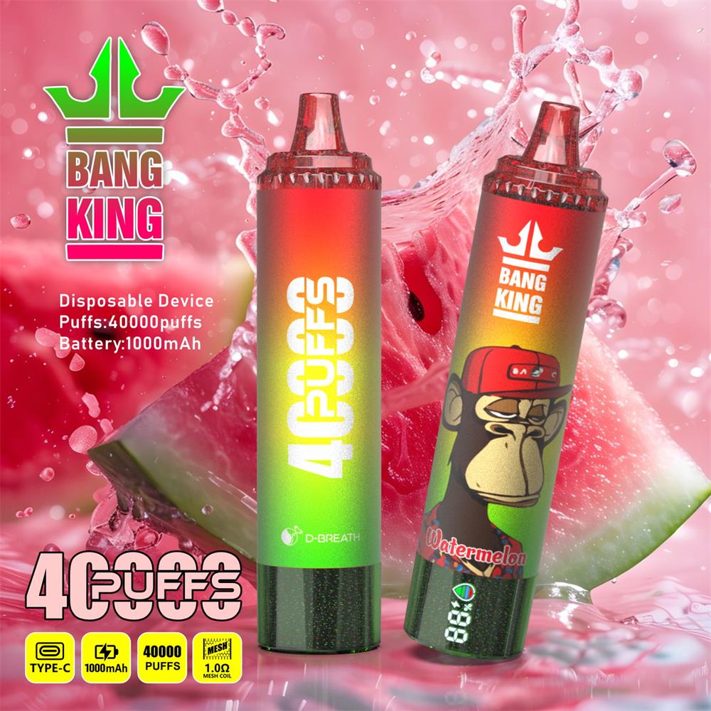 Two red-to-green Bang King disposable vape devices—one labelled "4 PUFFS" and the other featuring a cartoon ape and the word Watermelon—set against a splashing watermelon-slice background with branding and product specs (40,000 puffs, 1000 mAh) visible.