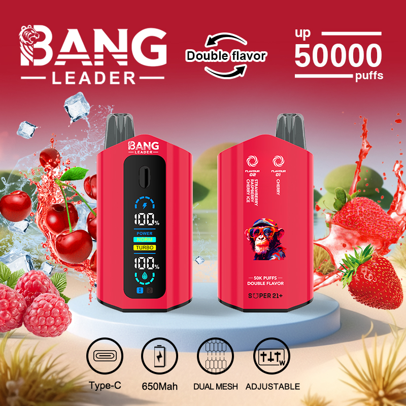 Two red BANG LEADER vape devices — front view with LED display showing battery percentage and power modes and rear view with a colourful monkey graphic — placed on a platform against a fruity splash backdrop of cherries, strawberries, raspberries and ice, with text noting double-flavour and up to 50,000 puffs and icons for Type-C, 650 mAh, dual mesh and adjustable.