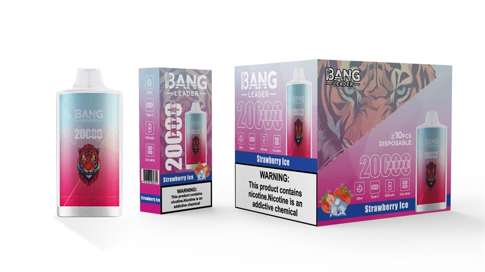 Three Bang Leader Strawberry Ice disposable vape products: a single cylindrical device with a tiger logo, a small retail box and a larger display box all showing '20,000 puffs', strawberry-ice artwork and a nicotine warning, set on a white background.