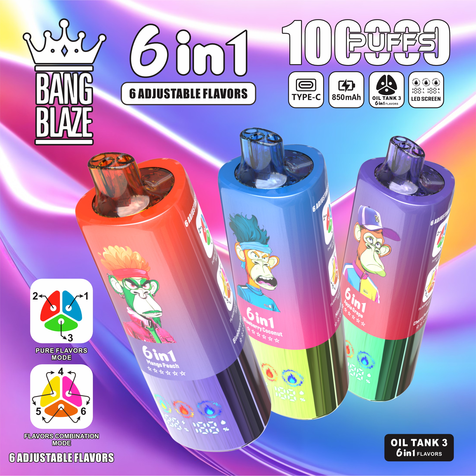 Three colourful cylindrical Bang Blaze 6-in-1 vape devices (red, blue and purple) with cartoon ape illustrations, set on an iridescent background with text and icons highlighting 6 adjustable flavors, Type-C charging, 850 mAh battery, LED screen, oil tank 3 and diagrams for pure and combination flavor modes.