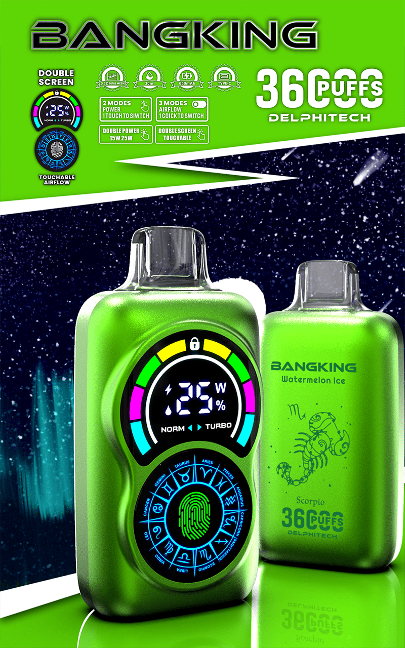 Green BANGKING vape advertisement showing two metallic green devices—one front-facing with colourful double digital screens displaying power, airflow and a fingerprint/zodiac wheel, and one rear-facing labelled Watermelon Ice and Scorpio 36 puffs against a starry aurora background.