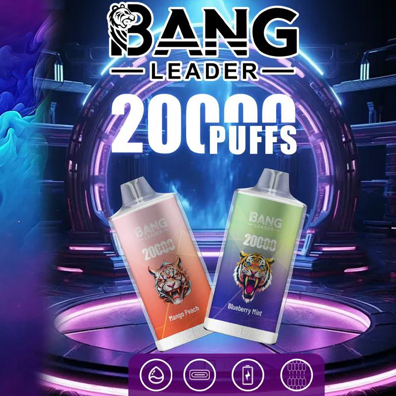 Promotional poster featuring the BANG LEADER logo and large '20000 puffs' text above two angled disposable vape devices — a peach-coloured Mango Peach and a green-to-purple Blueberry Mint — each with a roaring tiger graphic set against a neon futuristic stage with purple and blue lighting.