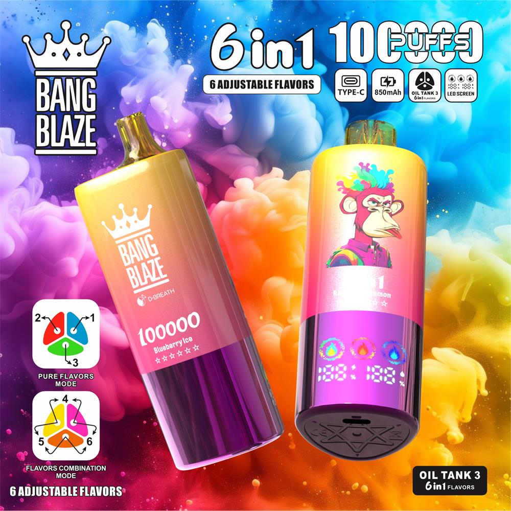Two brightly coloured gradient Bang Blaze disposable vape devices against a swirling multicoloured smoke background — one displays a crown logo and flavour text, the other shows a cartoon monkey illustration and an LED readout, with promotional labels reading '6 in 1' and '6 adjustable flavors'.