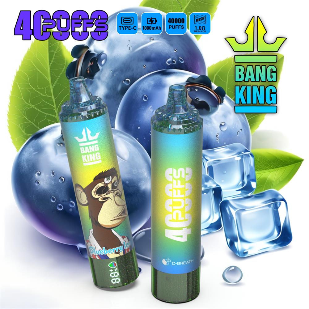 Two cylindrical iridescent disposable vape devices branded BANG KING and marked 4,000 PUFFS, one showing a cartoon monkey and a Blueberry Ice label, set in front of oversized blueberries, green leaves, ice cubes and a crown logo.