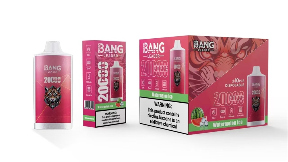 Three pink Bang Leader Watermelon Ice disposable vape items — a single bottle-style device with a snarling tiger emblem, a mid-size retail box and a larger 10‑pack box displaying '20,000 puffs', watermelon graphics and nicotine warning labels.