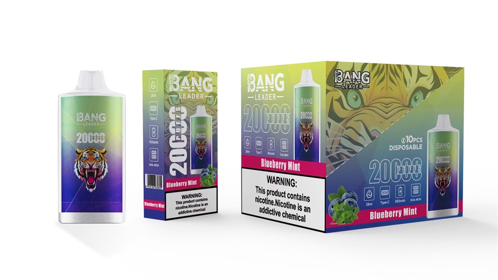 Colourful packshot of a BANG Leader disposable vape and two boxes — a single device and a larger 10‑pack — featuring a roaring tiger graphic, '20,000 puffs' and 'Blueberry Mint' flavour labels and a prominent nicotine warning.