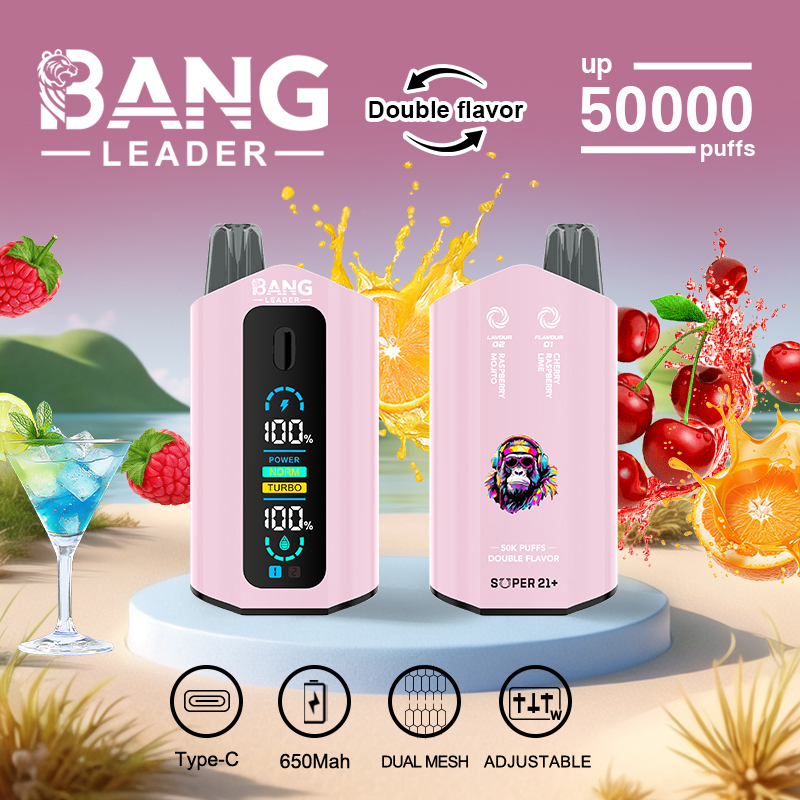 Two pink Bang Leader disposable vape devices—front view with a digital display showing battery and mode indicators and rear view with branding and double-flavor label—placed on a round pedestal against a tropical beach backdrop with splashing fruits and a cocktail, accompanied by text advertising up to 50,000 puffs and icons for Type-C, 650mAh, dual mesh and adjustable settings.