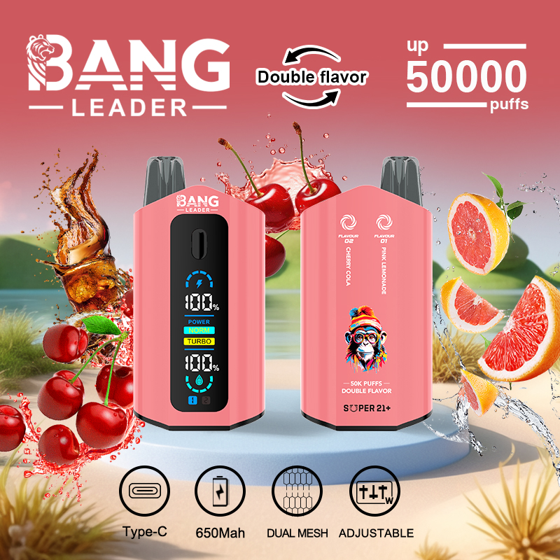 Two pink Bang Leader vape devices shown front and back with a digital display and colourful mascot graphic, surrounded by splashing cherries and grapefruit to indicate double flavours (cherry cola and pink lemonade) and labelled up to 50,000 puffs with Type‑C, 650mAh, dual‑mesh and adjustable icons.