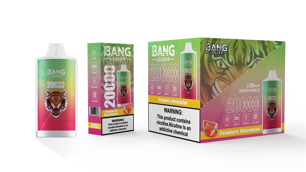 Three Bang Leader Strawberry Watermelon disposable vape items—a green-to-pink gradient device with a tiger logo on the left, a matching retail box in the centre and a larger display box on the right, all labelled 20,000 puffs and displaying a nicotine warning.