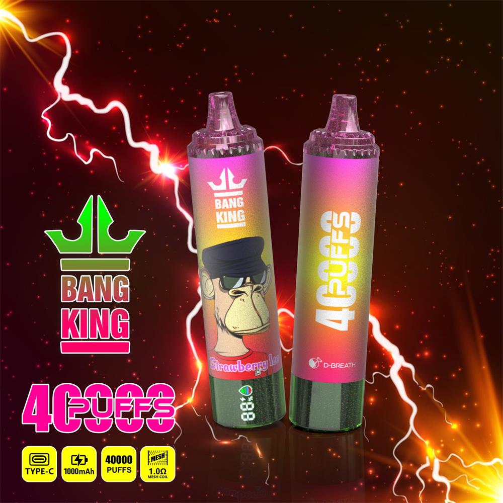 Two rainbow-gradient disposable vape devices branded Bang King, one featuring a cartoon ape and the other labeled 40,000 puffs, set against a fiery red background with electric lightning effects and small specification icons at the bottom.