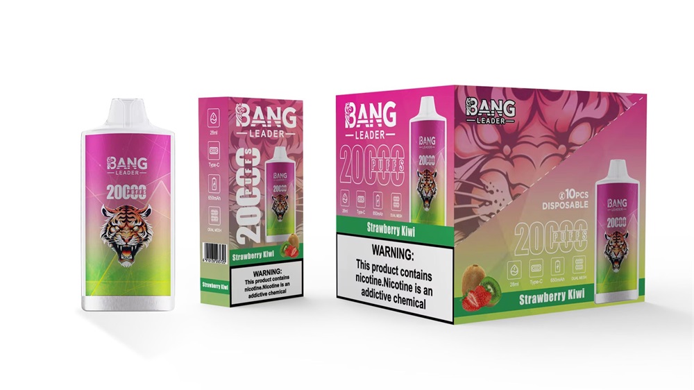 Disposable Bang Leader vape device and two product boxes in a pink-to-green gradient labelled 20,000 puffs and Strawberry Kiwi, featuring a snarling tiger logo and a visible nicotine warning panel.