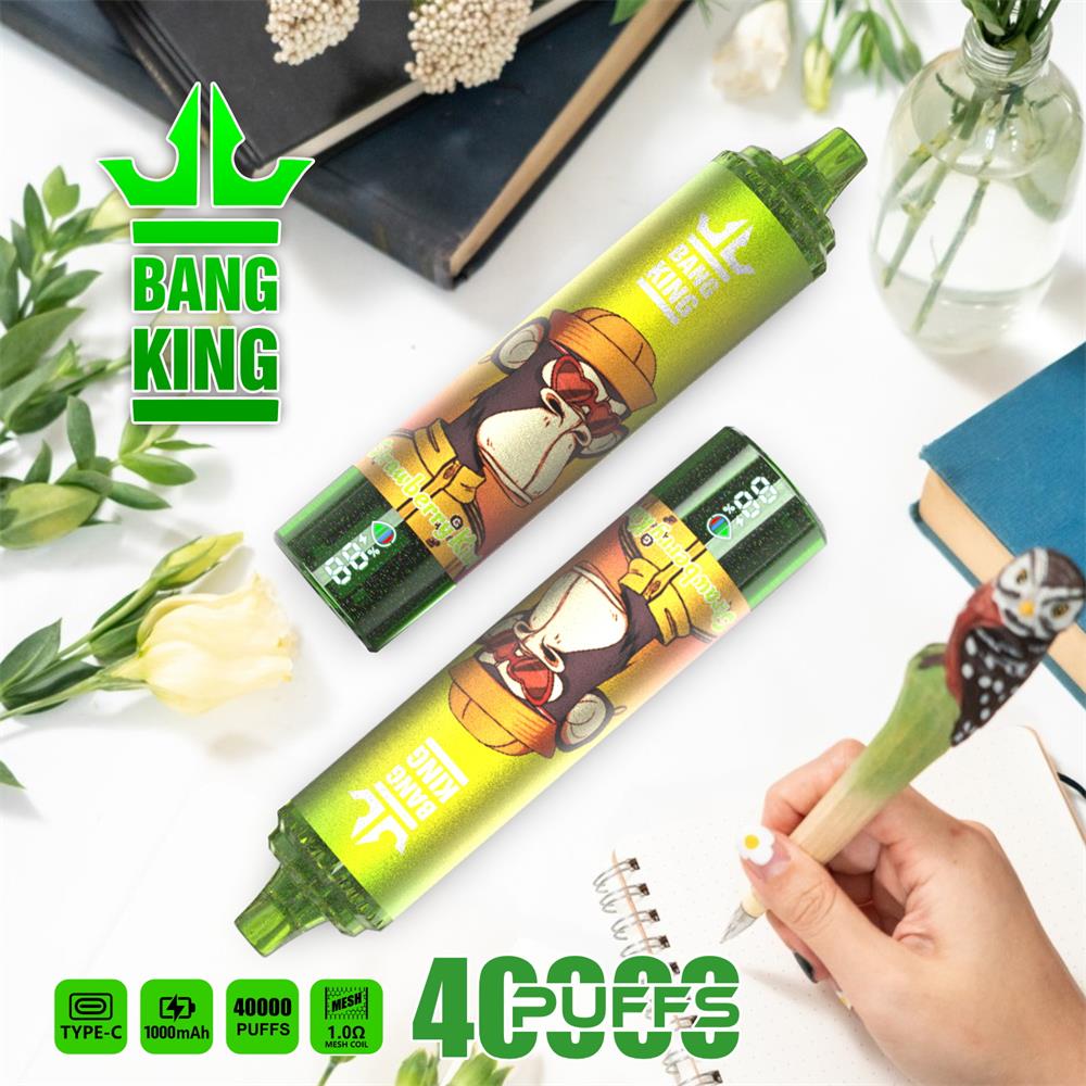 Two green Bang King disposable vape devices featuring a cartoon monkey design lie diagonally on a white desk among flowers, notebooks and a hand writing in a spiral notebook with an owl-topped pen, with '40,000 puffs' and specification icons visible.