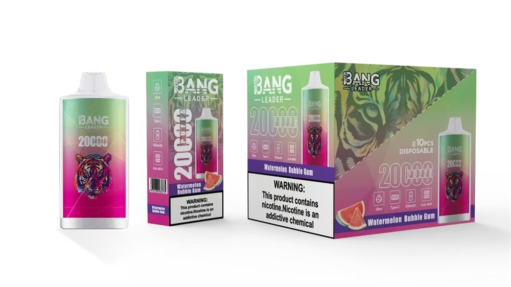 Three Bang Leader Watermelon Bubble Gum disposable vapes and a retail display box in pink‑green gradient packaging featuring a tiger illustration, '20,000 puffs' branding and a nicotine warning label.