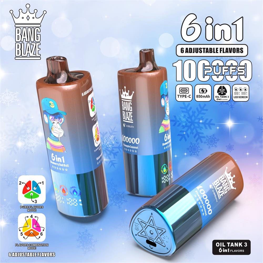 Three metallic brown-to-blue gradient cylindrical Bang Blaze disposable vapes with crown logo and mouthpieces displayed against a snowy blue background, highlighting '6 in 1' adjustable flavors, '100000 puffs' claim and icons for Type‑C charging, 850mAh battery and oil tank 3.