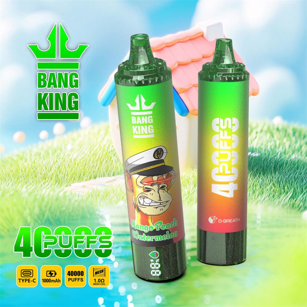 Two green gradient Bang King disposable vapes standing on grass in front of a small toy-like house, one showing a grinning monkey in a captain's hat and the words Mango Peach Watermelon, the other branded 4 Puffs, with product icons for Type-C, 1000mAh and 40,000 puffs visible at the bottom