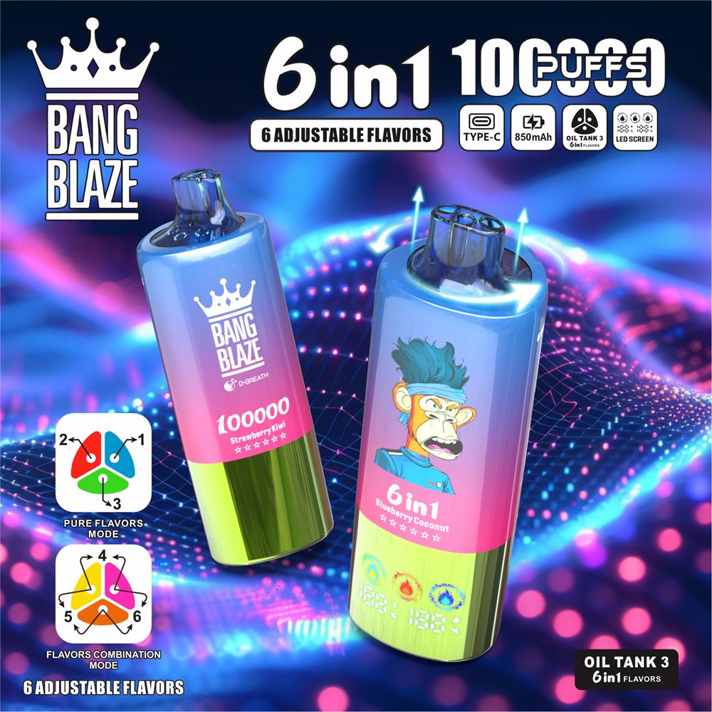 Two colourful cylindrical Bang Blaze 6‑in‑1 disposable vape devices with a crown logo and cartoon ape illustration set against a neon blue‑pink dotted background, labelled '100000 puffs' and showing icons for Type‑C charging, 850 mAh battery, oil tank 3 and 6 adjustable flavours.