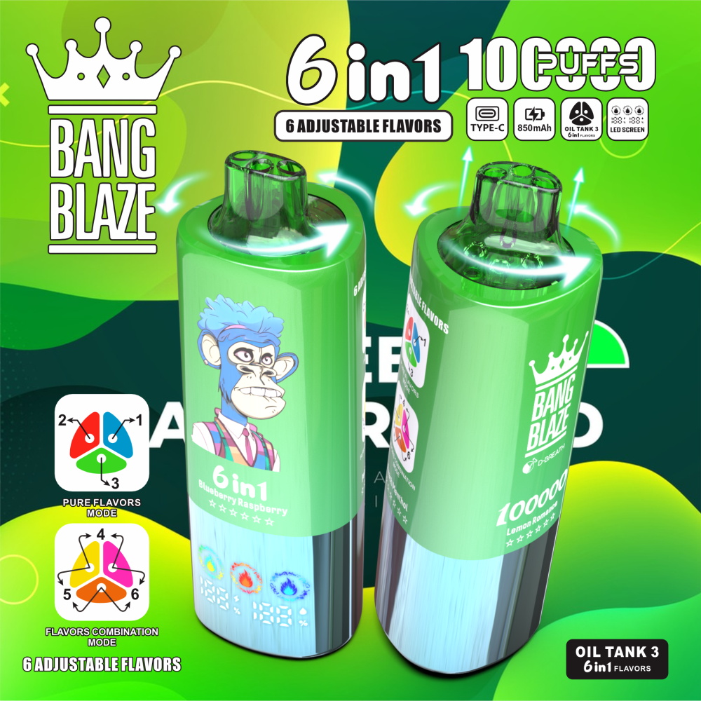 Two glossy green Bang Blaze 6‑in‑1 vape devices with transparent dual mouthpieces—one featuring a blue‑haired cartoon monkey and flavour icons—set against a bright green abstract background with labels indicating six adjustable flavours and a high puff count.