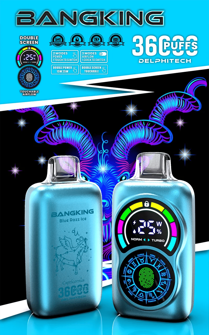 Two metallic blue BangKing vape devices—one showing the engraved "Blue Razz Ice" Capricorn illustration and "36 puffs" label, the other displaying a colourful circular digital screen with wattage, mode indicators and fingerprint touch control—set against a neon black background with psychedelic ram/goat horns and a cyan banner advertising 36 puffs and product features.