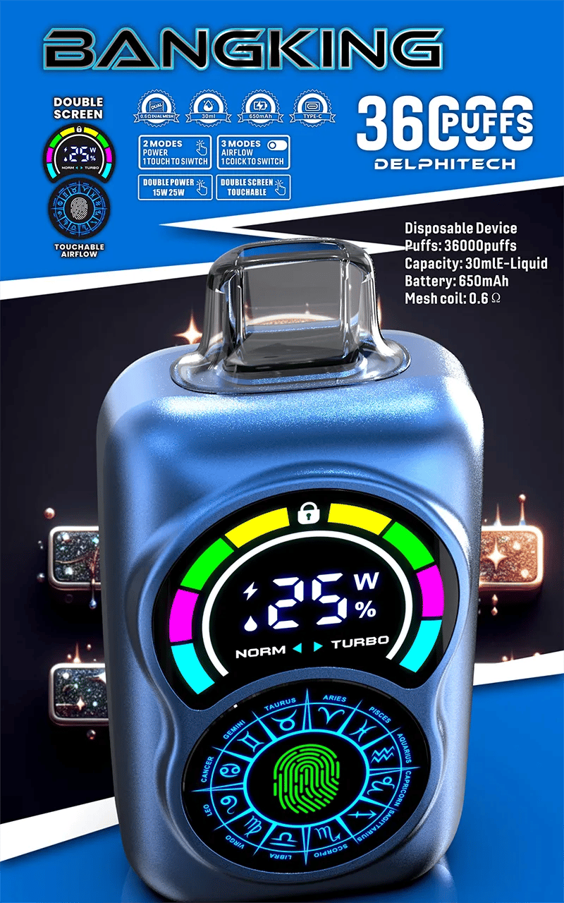 Metallic blue disposable vape device with dual circular digital screens—upper display showing 25W with coloured power bars and Norm/Turbo indicators, lower screen a glowing green fingerprint sensor ringed by zodiac icons—shown on a blue promotional background reading BANGKING and 36000 puffs with product specs.