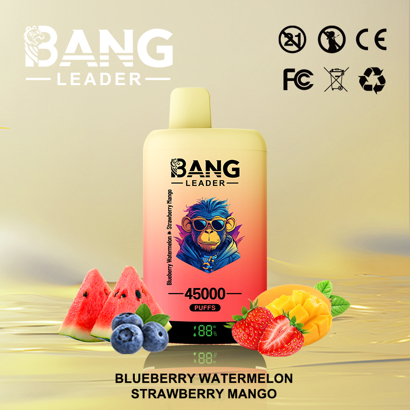 Colourful gradient disposable vape device labelled BANG LEADER and 45,000 puffs with a digital display showing 88%, set on a pale background with watermelon, blueberries, strawberries and mango slices and certification icons in the corner.
