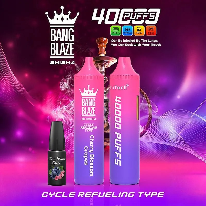 Promotional product image showing two pink-to-purple gradient Bang Blaze Shisha disposable vape sticks labelled 4000 PUFFS and 'Cycle Refueling Type' with a small Cherry Blossom Grapes flavour bottle and a hookah silhouette on a magenta–purple smoky background, plus a crown logo and icons for Type‑C, 1000mAh, 40ml and 0.8Ω.