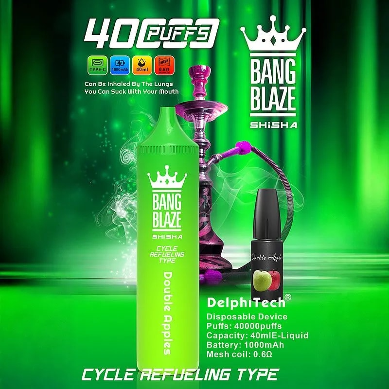 Bright neon-green advertisement showing a large green Bang Blaze Shisha disposable vape bottle labelled Double Apples with a crown logo, placed beside a purple hookah and a small black e‑liquid bottle, set against a smoky green background with prominent text claiming "400 puffs" and listing specs such as 40 ml capacity, 1000 mAh battery and 0.6Ω mesh coil.