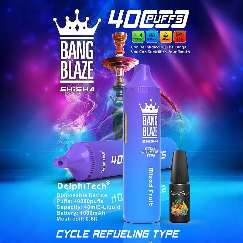 Advertising image showing two purple-blue Bang Blaze Shisha disposable vape devices and a small mixed-fruit e-liquid bottle in front of a decorative hookah on a neon purple-blue background, featuring the crown logo, '40 puffs' branding, flavor 'Mixed Fruit' and technical specs like 40 ml capacity, 1000 mAh battery and 0.6Ω mesh coil.