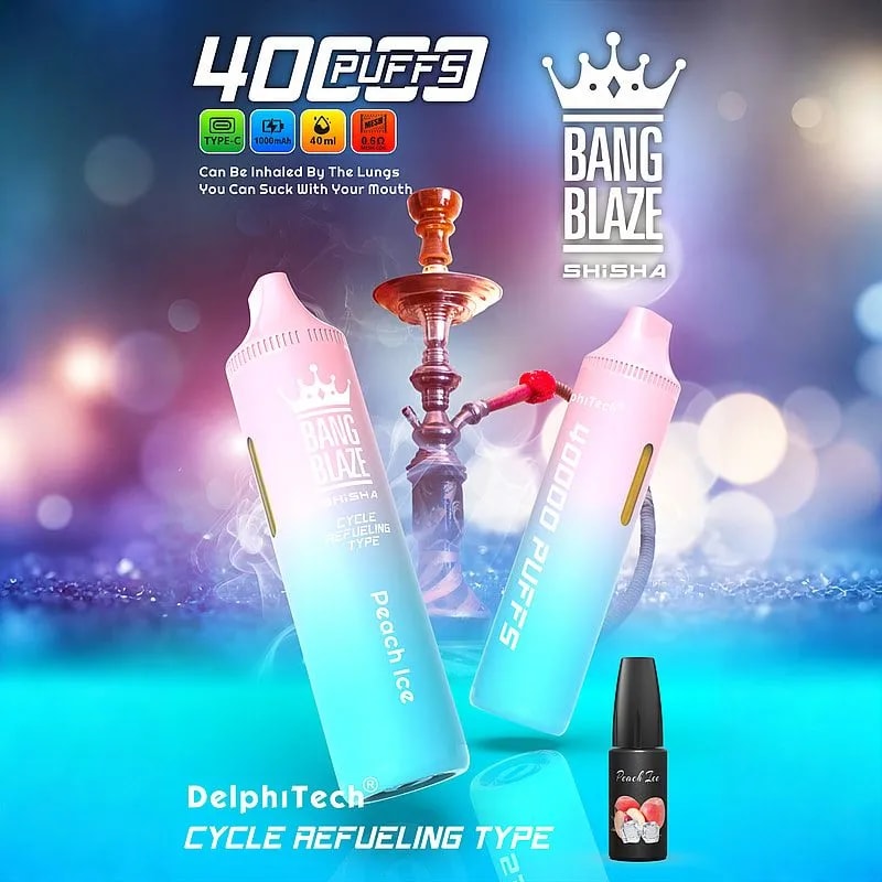 Two pastel pink-and-blue disposable shisha devices labelled Bang Blaze and '4000 PUFFS' flanking an ornate hookah, with a small bottle of peach-ice e-liquid in the foreground against a colourful bokeh branding background.