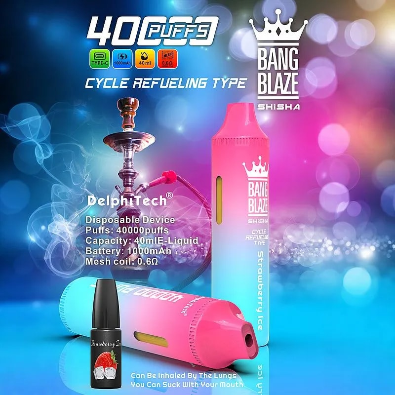 Colourful ad showing two pink-to-blue gradient disposable Bang Blaze shisha vape devices with a crown logo, a small strawberry e-liquid bottle and a hookah silhouette against a bokeh background with product claim text.